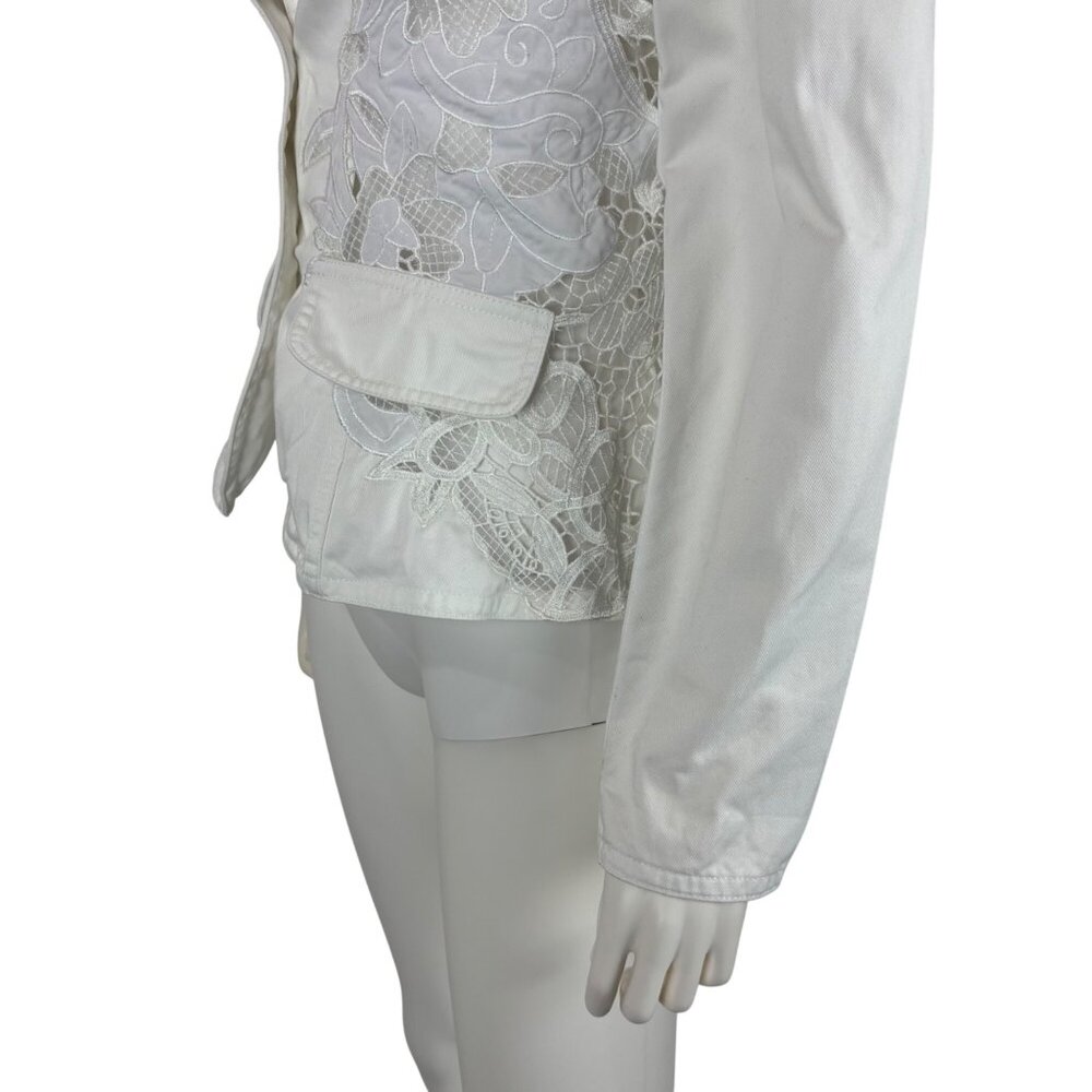 Together White Denim Jacket Small 6 Floral Inset Lace Cotton Spring Blazer - Picture 6 of 11